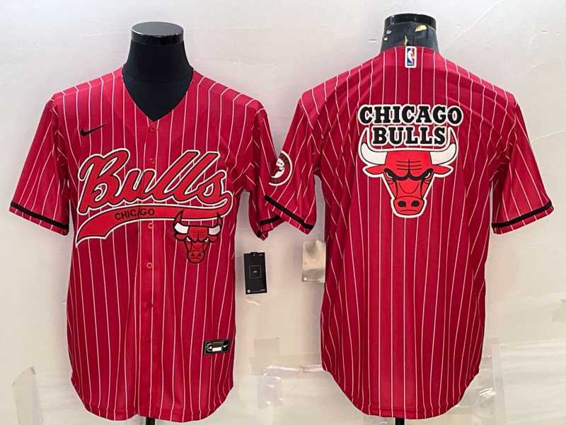 Mens Chicago Bulls Blank Red Pinstripe Team Big Logo With Patch Cool Base Stitched Baseball Jersey